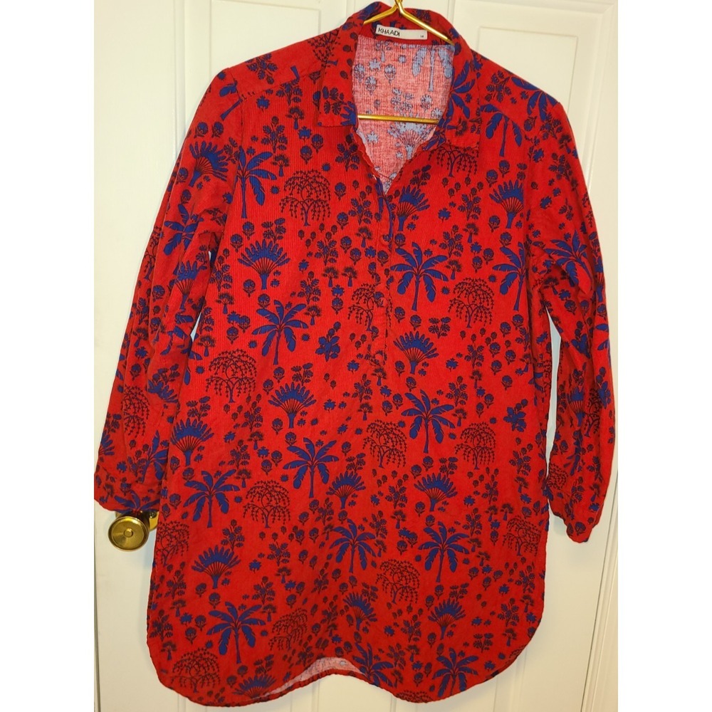 Khaadi Red Floral Long Sleeve Cotton Cambric‎ Kurta Top Women's Size 14 Snaps
